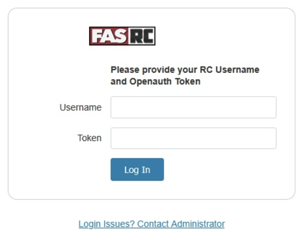 FASRC login with two text boxes. The first text box requires the FASRC username. The second text box requires the FASRC two-factor authentication. There is also a Log In button to click after the required information has been entered.